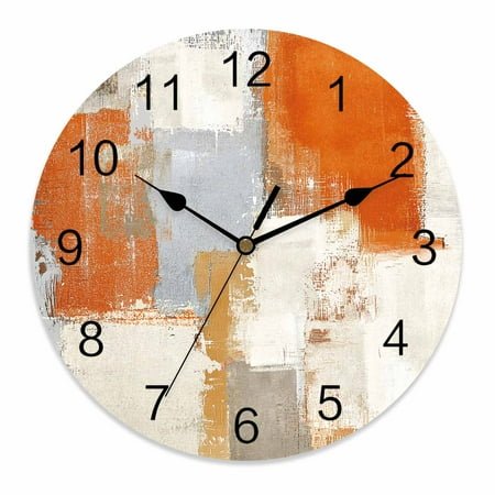 Wall Clock 10 Inch Burnt Orange Gray Graffiti Block Round Silent Decorative Wall Clocks Battery Operated for Living Room Bedroom Kitchen Classroom Decor, Modern Abstract Texture Art,Small