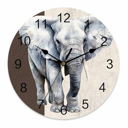 Wall Clock 10 Inch Retro Watercolor Round Silent Decorative Wall Clocks Battery Operated for Living Room Bedroom Kitchen Classroom Decor, Elephant Ivory Texture Gray Brown,Small