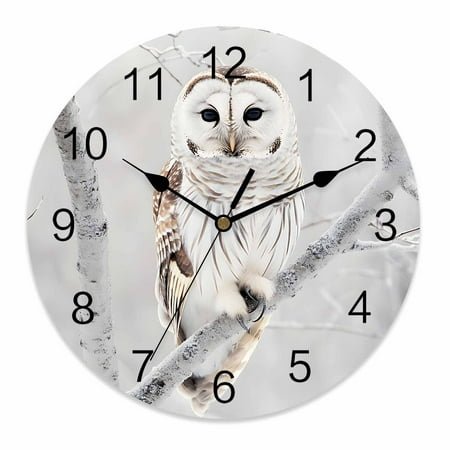 Wall Clock 10 Inch Snowy Owl Round Silent Decorative Wall Clocks Battery Operated for Living Room Bedroom Kitchen Classroom Decor, Winter Owl Animal,Small