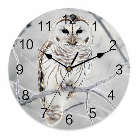Wall Clock 10 Inch Snowy Owl Round Silent Decorative Wall Clocks Battery Operated for Living Room Bedroom Kitchen Classroom Decor, Winter Polar Owl,Small