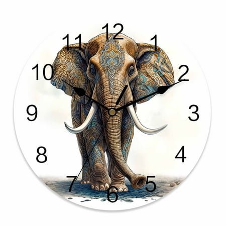 Wall Clock 10 Inch Vintage Boho Tribal Round Silent Decorative Wall Clocks Battery Operated for Living Room Bedroom Kitchen Classroom Decor, Elephants Ivory Chocolate Brown,Small