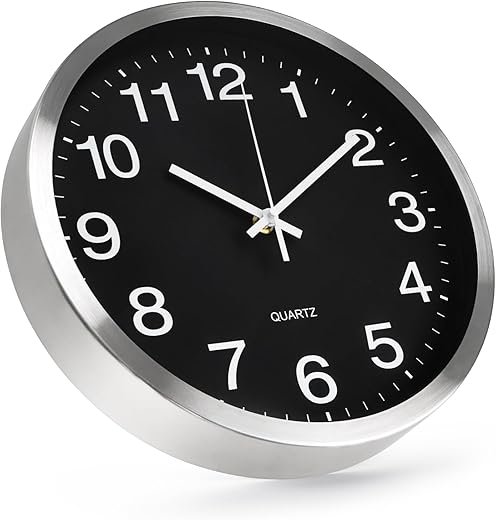 Wall Clock 12 Inch Metal Finish Silent Non Ticking Indoor Clock Round Battery Operated Stainless Steel Wall Clocks for Home, Office, Living Room (Black-Silver Brushed Finish, 12 Inch)