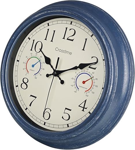 Wall Clock 12 Inch Outdoor Clock with Thermometer and Hygrometer Combo, Rustic Vintage Waterproof Indoor Outdoor Wall Clocks for Patio Pool Garden Bathroom Home Decor - Blue