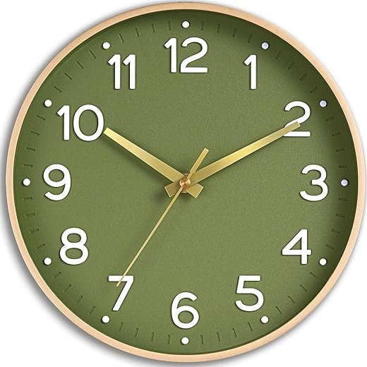 Wall Clock 12 Inch Silent Green Wall Clocks Battery Operated- Modern Non Ticking Analog Clock Decorative for Living Room Bedroom Office Kitchen(Gold)