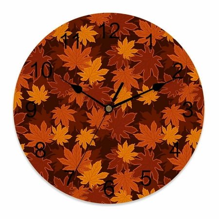 Wall Clock 12 Inch Thanksgiving Fall Maple Leaves Round Silent Decorative Wall Clocks Battery Operated for Living Room Bedroom Kitchen Classroom Decor, Orange Brown Autumn Leaf,Large