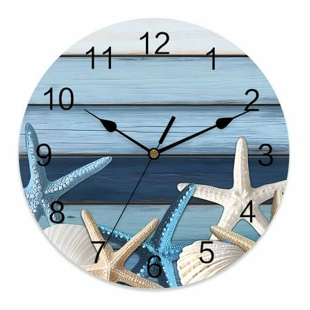 Wall Clock 12 Inch Vintage Coastal Round Silent Decorative Wall Clocks Battery Operated for Living Room Bedroom Kitchen Classroom Decor, Wood Texture Starfish Shell Aqua Blue Ivory,Large