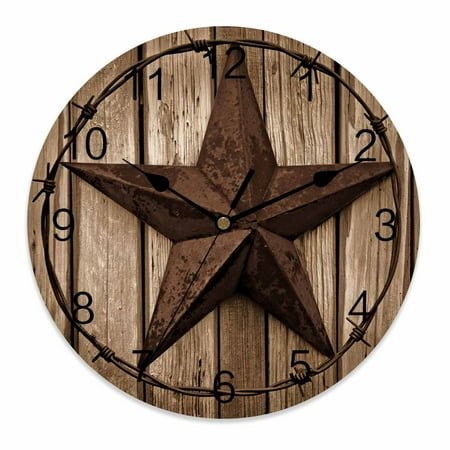 Wall Clock 12 Inch Vintage Western Stars Round Silent Decorative Wall Clocks Battery Operated for Living Room Bedroom Kitchen Classroom Decor, Brown Farmhouse Wood Texture,Large
