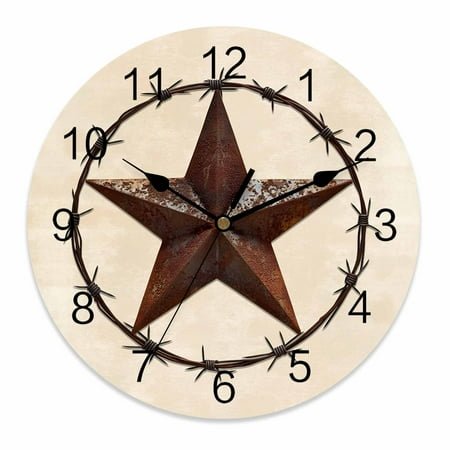 Wall Clock 12 Inch West Texas Star Round Silent Decorative Wall Clocks Battery Operated for Living Room Bedroom Kitchen Classroom Decor, Rustic Country Star,Large