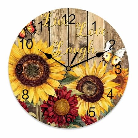 Wall Clock 14 Inch Butterfly Sunflower Round Silent Decorative Wall Clocks Battery Operated for Living Room Bedroom Kitchen Classroom Decor, Live Love Laugh Farmhouse Wood Textured,Large