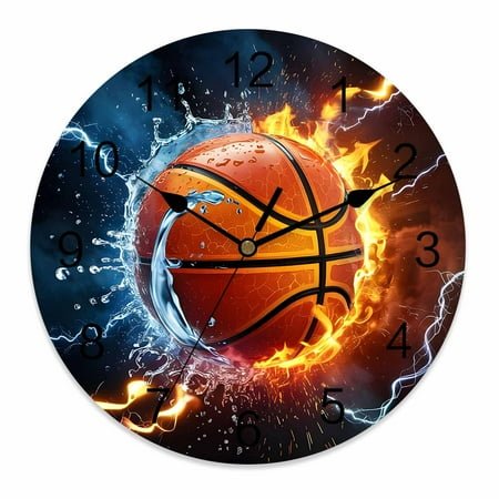 Wall Clock 14 Inch Lightning Basketball Round Silent Decorative Wall Clocks Battery Operated for Living Room Bedroom Kitchen Classroom Decor, Water And Fire,Large