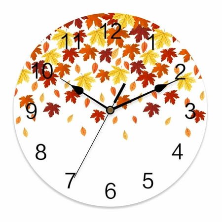 Wall Clock 14 Inch Orange Yellow Fall Thanksgiving Round Silent Decorative Wall Clocks Battery Operated for Living Room Bedroom Kitchen Classroom Decor, Autumn Maple Leaves White,Large