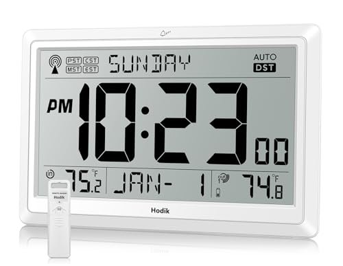 Wall Clock Atomic with Indoor Outdoor Temperature Battery Powered, Easy Reading with 10.5 Inch Large LCD Display, 330FT Range Table Wall Clock with DST, 12/24 Hour for Living Room Kitchen (White)