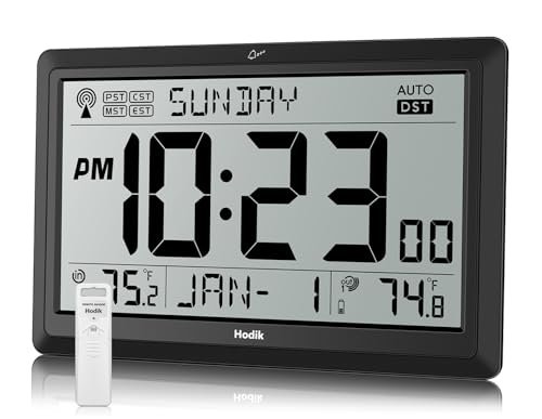 Wall Clock Atomic with Indoor Outdoor Temperature Battery Powered, Easy Reading with 10.5 Inch Large LCD Display, 330FT Range Table Wall Clock with DST, 12/24 Hour for Living Room Kitchen (Black)