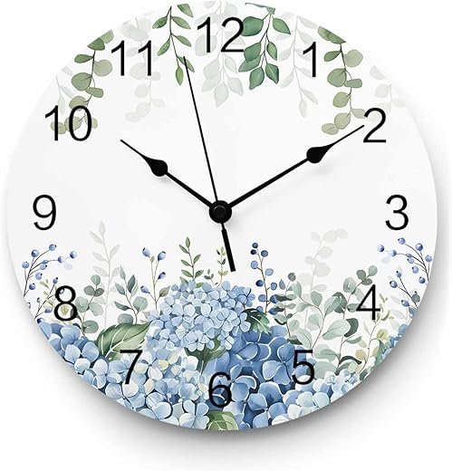 Wall Clock Blue Hydrangea Clocks PVC Silent Non-Ticking Battery Operated Decorative Green Eucalyptus Leaves Flowers Round Clock for Home Living Room Kitchen Bedroom Office School Wall Decor 12 Inch