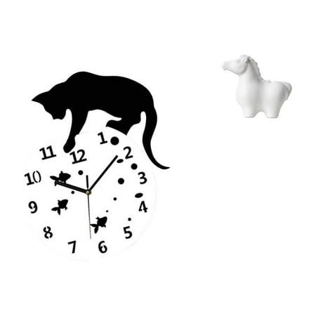 Wall Clock Cat Sculpture Horse Figurine Glass Ceramic Silent Movement for Living Room Bedroom Office Decor