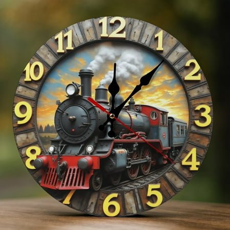 Wall Clock Decorative - Retro Steam Train A Print 2D Vintage Wall Clocks Battery Operated Silent Non-Ticking for Bedroom, Living Room, Kitchen, Office, Classroom, 10 Inch