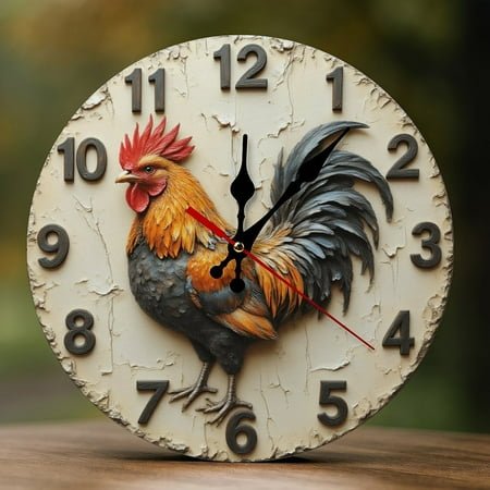 Wall Clock Decorative - Rustic Colorful Rooster-A Print 2D Vintage Wall Clocks Battery Operated Silent Non-Ticking for Bedroom, Living Room, Kitchen, Office, Classroom, 10 Inch