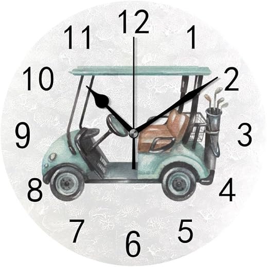 Wall Clock for Living Room Decor Watercolor Golf Cart PVC 9.8 Inch Hanging Round Desk Clocks Silent Non-Ticking Battery Operated Easy to Read Bathroom Kitchen Office