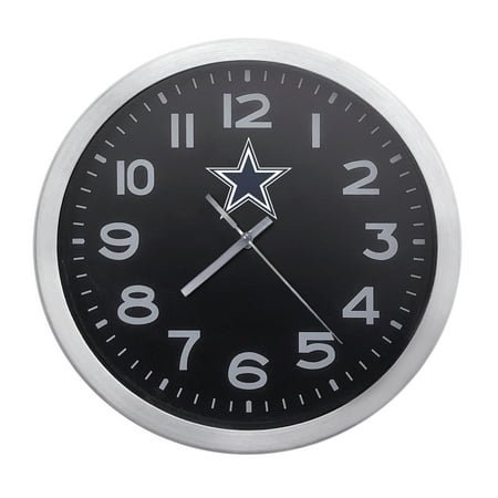 Wall Clock Home Decor or for a Patio/RV/Game Room 10 Round Silver Edge with a Black Face Featuring Your Choice of a Football Team Logo Vinyl Decal - FREE Battery Included (Cowboys)