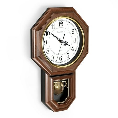 Wall Clock,Imitation Wood Plastic Regulator Clock with Pendulum, Brown