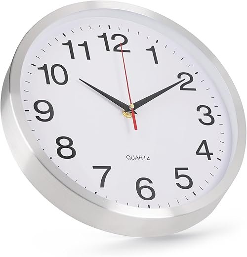 Wall Clock Metal Frame Silent Non-Ticking Round Indoor Clock Analog Battery Operated Modern Stainless Steel Wall Clocks for Office, Hotel, Bedroom, Living Room (Silver-Metal Frame, 12inch)
