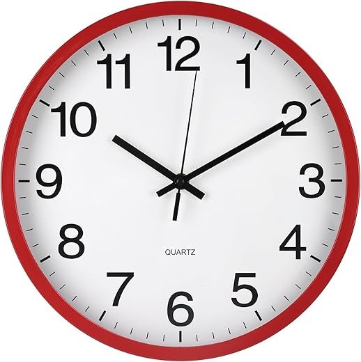 Wall Clock Non-Ticking Silent Quartz Movement Decor Clock Modern Simple Style Round Plastic Wall Clocks for Home/Office/School/Living Room/Bedroom/Kitchen (Red, 12 Inch)