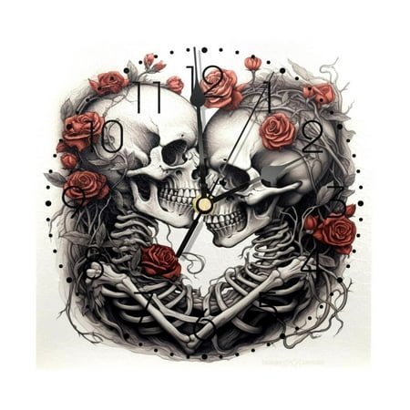 Wall Clocks, Skeleton Skull Couple Red Rose Battery Operated Number Clock for Bedroom Living Kitchen Office Home Decor Silent & Non-Ticking