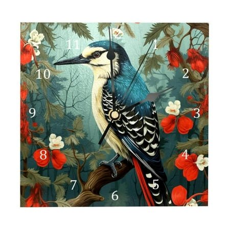 Wall Clocks, Woodpecker Bird on Red Berries Branch Battery Operated Number Clock for Bedroom Living Kitchen Office Home Decor Silent & Non-Ticking