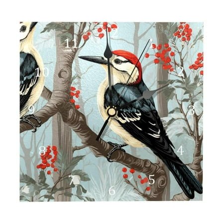 Wall Clocks, Woodpecker Bird on Red Berries Branch Battery Operated Number Clock for Bedroom Living Kitchen Office Home Decor Silent & Non-Ticking