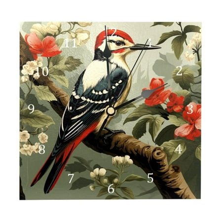 Wall Clocks, Woodpecker Bird on Red Berries Branch Battery Operated Number Clock for Bedroom Living Kitchen Office Home Decor Silent & Non-Ticking