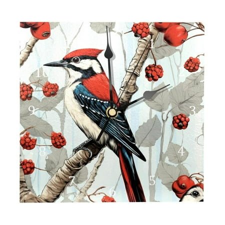 Wall Clocks, Woodpecker Bird on Red Berries Branch Battery Operated Number Clock for Bedroom Living Kitchen Office Home Decor Silent & Non-Ticking