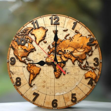 Wall Clock Vintage World Map Wooden Design 10-Inch Silent Wooden Wall Clock, Battery Operated (AA Batteries Not Included), Artistic Home Decor