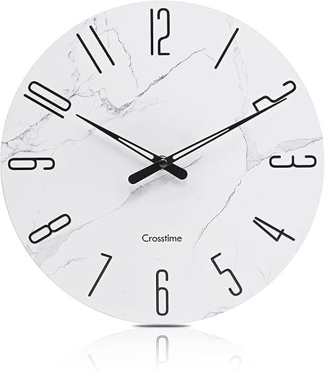 Wall Clock White Marble Theme Modern Decorative Waterproof Glass Clock for Bathroom Kitchen Home, 12 Inch Battery Operated
