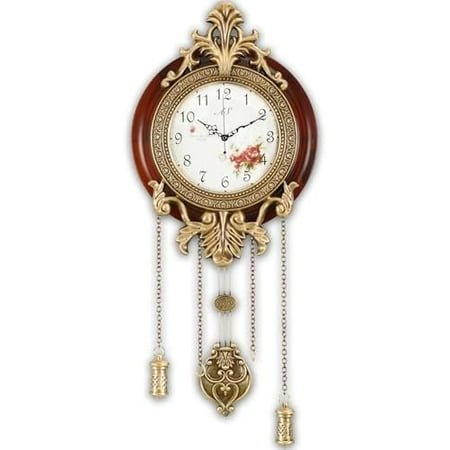 Wall Clock with Swinging Pendulum, Vintage Retro Style, Solid Wood Metal Art Workmanship, Imported Mechanism, Silent Non Ticking for Home Living Bedroom Kitchen, W205C
