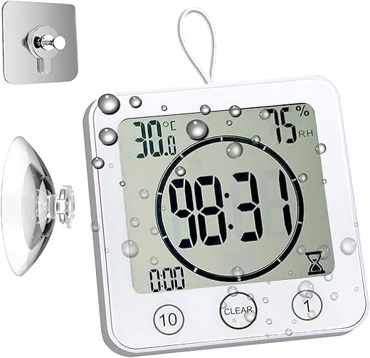 Waterproof Hanging Wall Clock Shower Timer, Large Digital Bathroom Alarm Clock for Kids, Big Visual Kitchen Cooking Countdown Timer, Bath Temperature Humidity Meter Mirror Suction Cup Timer (White)