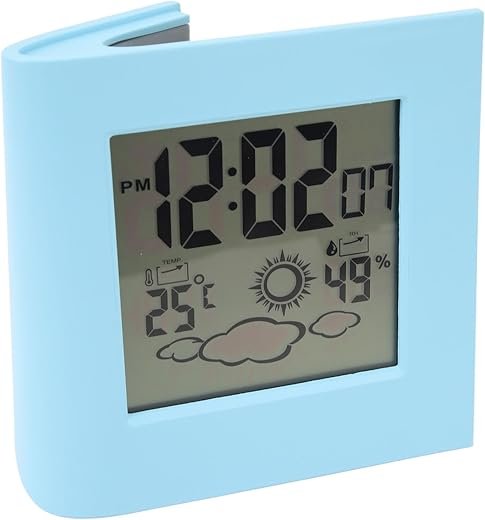 Weather Forcast Clock, Solar Battery Dual Energy Alarm Clock with Large Numbers Self Sensing Solar Powered LCD Display Clock for Home School Office (Blue)