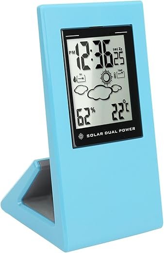 Weather Forecast Clock, Solar Battery Powered Alarm Clock, Square LCD Display Clock Suitable for Home, School and Office (Ships Without Battery)(Blue)