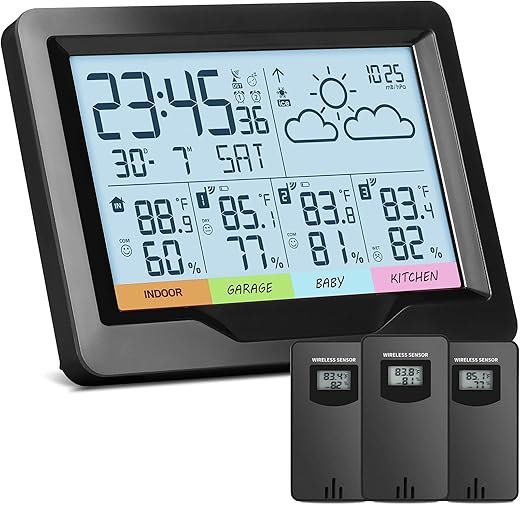 Weather Station Wireless Indoor Outdoor with 3 Sensors, Indoor Outdoor Thermometer with Digital Atomic Clock & Dual Alarm, Temperature Humidity Monitor and Barometer with Backlight for Forecast