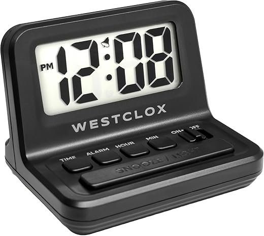 Westclox LCD Digital Bedside Alarm Clock with White Backlit Display and Snooze Function, Battery Operated, (Black, 3-Inch)