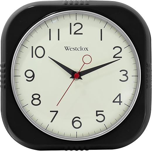 Westclox Retro Square Wall Clock, Vintage 1950s Mid-Century Design for Kitchen, Living Room, or Office – Quiet Quartz Analog Clock with Dome Glass Lens & Chrome Bezel (Black, 9.5)