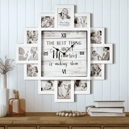 White Picture Frame Photo Collage Clock - 12 Slots, Farmhouse Wall Decor, Wall Clock for Living Room, Bedroom, Kitchen, Office (Memories, 20x20)