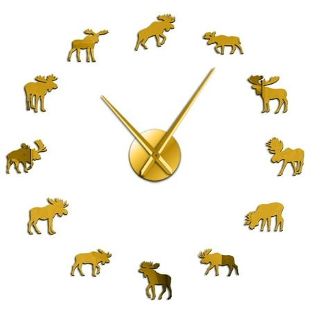 Wildlife Moose DIY Giant Wall Clock Moose Silhouette Decorative Frameless Wall Watch Modern Nature Animal Wall Art Hunting Clock(Gold,27inch)