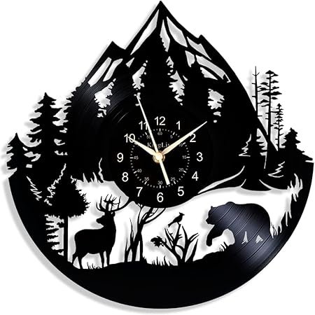 Wildlife Wall Clock, 12-inch Decorative Deer Design, Black Forest Scene with Animals, Silent Non-Ticking (Deer 02)
