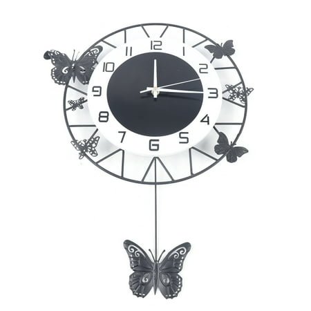 Wildnix Stylish and Simple Butterfly Design Wall Clock, Black and White Wrought Iron with Glass and Aluminum, Ideal for Living Room, Office, and Bedroom