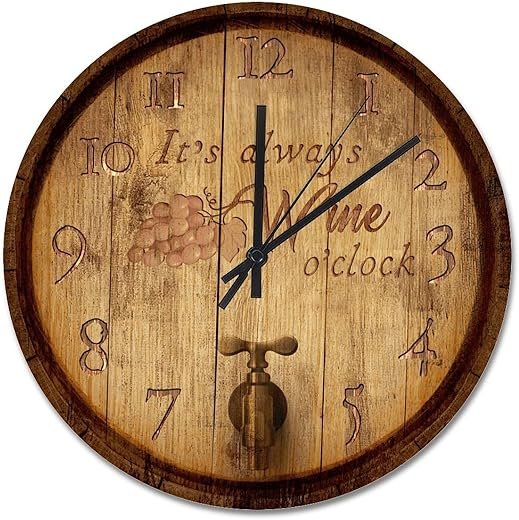 Wine Barrels Clock Its Wine O'clock Large Wall Clocks Battery Operated 15 Inch Silent Non-Ticking Retirement Wall Decor Home Decor for Bedroom Living Room Kitchen School Office