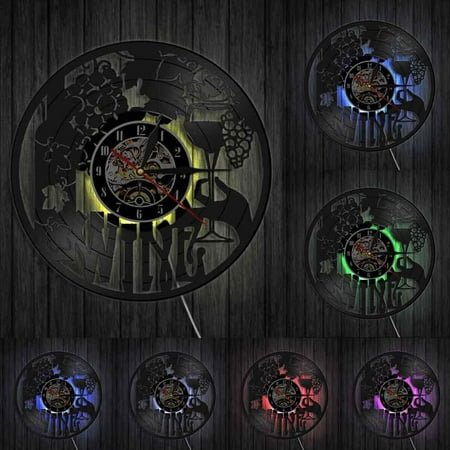 Wine Logo Wall Clock Winery Bottle Glass Grape Vine Drink Drinking Alcohol Liquor Pub Bar Label Emblem Vinyl Record Wall Clock With LED