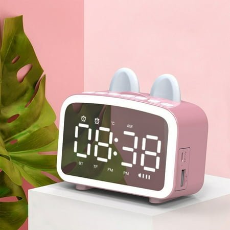 Wireless Bluetooth Speaker Alarm Clock with FM Radio, SD Card Support, Hands-Free Calling, LED Display, 1200mAh Battery for Bedroom, Office Desktop Nightstand(Pink)