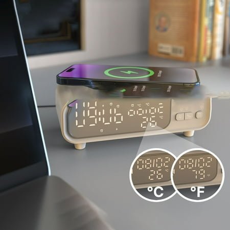 Wireless Charger 15W 5-in-1 Alarm Clock Bedside Night Light Temperature Display Fast Wireless Charging Station Magnetic Holder for iOS Android Phones