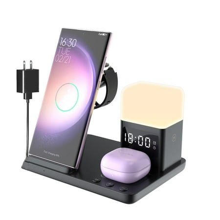 Wireless Charger for Samsung Charging Station 6 in 1 Fast Charger with Alarm Clock Night Light Phone Stand Dock for Galaxy S24 S23 S22 Ultra/Z Flip Fold 5, Buds, for Galaxy Watch 6/5 Pro/4/3
