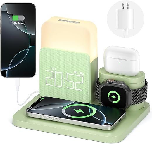 Wireless Charging Station, 7 in 1 Wireless Charger Stand with Dual Alarm Clock, Charging Dock for iPhone17/16/15/14/13/12/11/Pro/Max/Samsung Phone, Apple Watch 10/9/8/7/6/5/SE, AirPods4//3/2